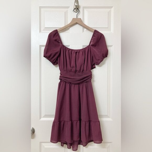 Exlura Purple Chiffon Puff Sleeve Square Neck Smocked Tie Back Mini Dress Medium - Picture 1 of 11
